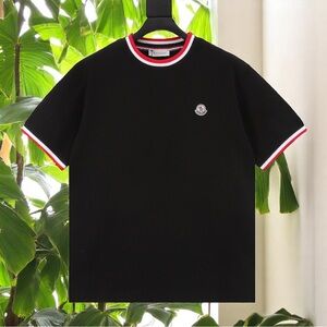 💎Moncler Black T-Shirt with Red and White Accents